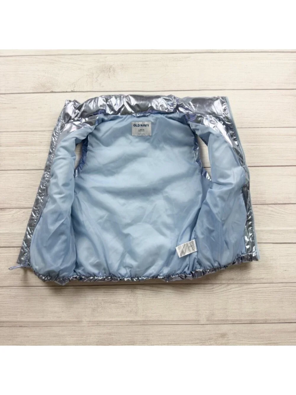 Old Navy Kids Metallic Blue Silver Water Resistant Puffer Vest L 10-12
